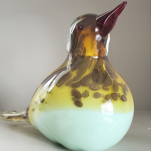 Handblown Glass Bird ,Yellow and Green with Brown Spots - Picture 12 of 13